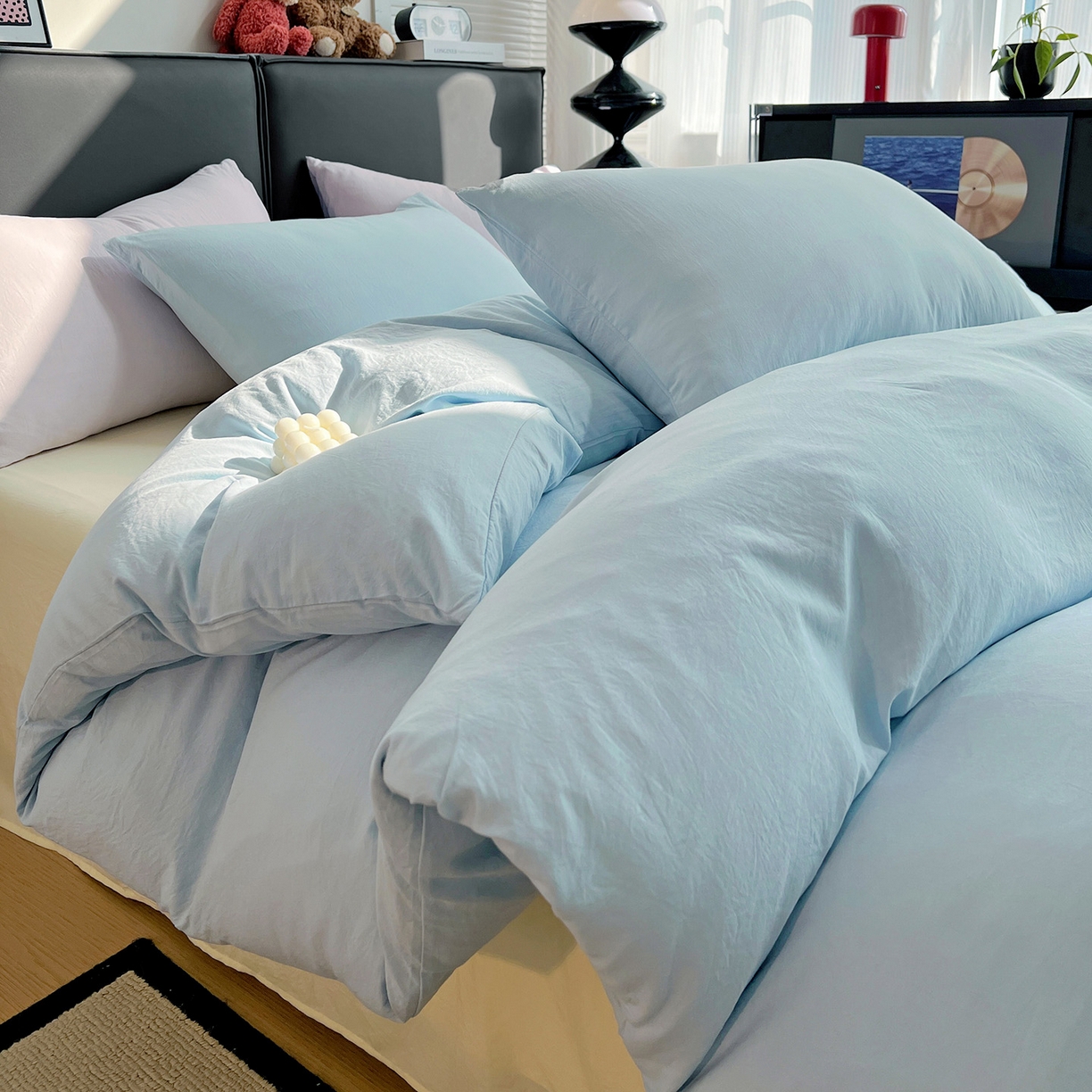 91家纺网 家纺一手货源 找家纺 凯洛奇 2025新款ins北欧风水洗棉柔软褶皱纯色被套四件套 拼色-浅蓝
