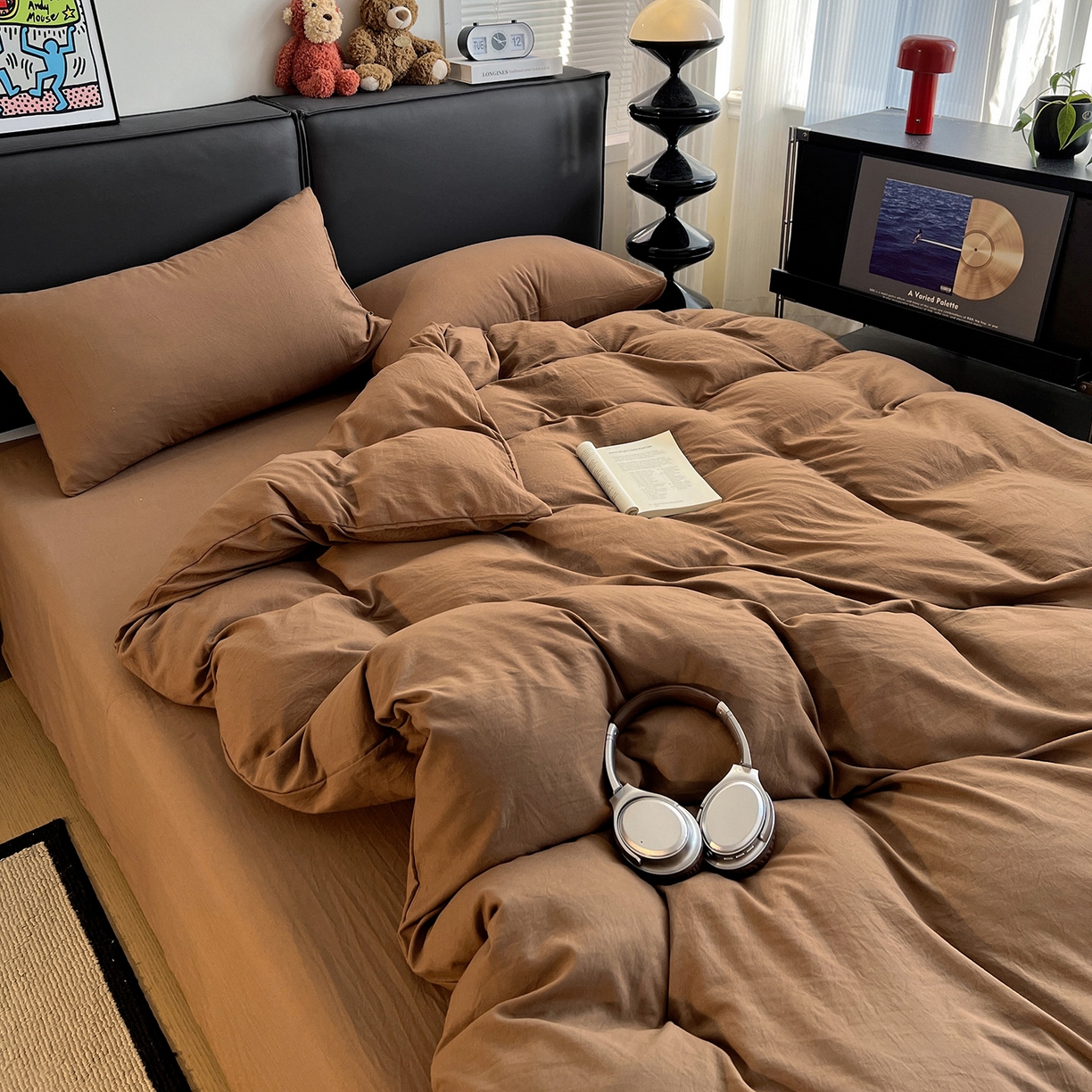 91家纺网 家纺一手货源 找家纺 凯洛奇 2025新款ins北欧风水洗棉柔软褶皱纯色被套四件套 纯色-深咖