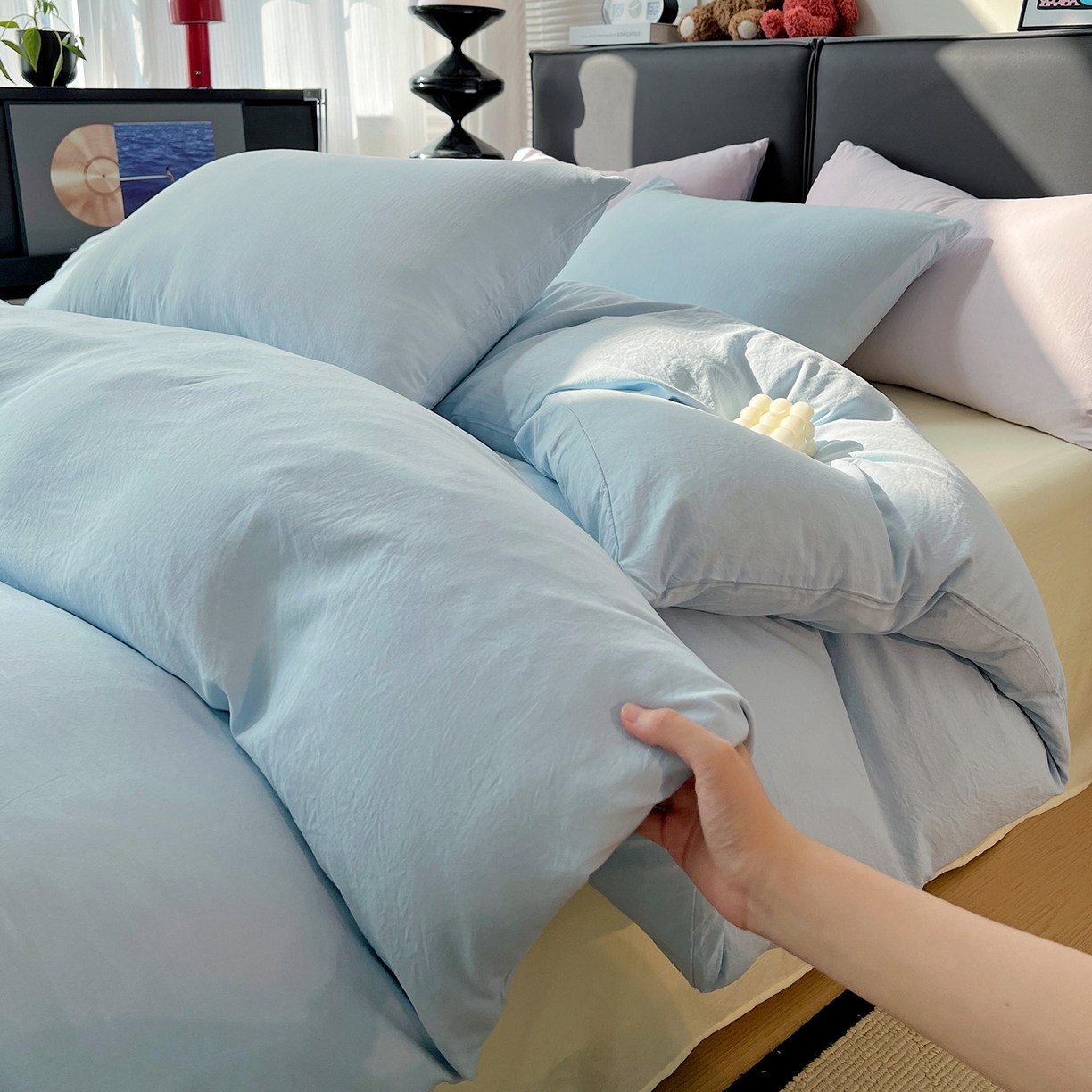 91家纺网 家纺一手货源 找家纺 凯洛奇 2025新款ins北欧风水洗棉柔软褶皱纯色被套四件套 拼色-浅蓝