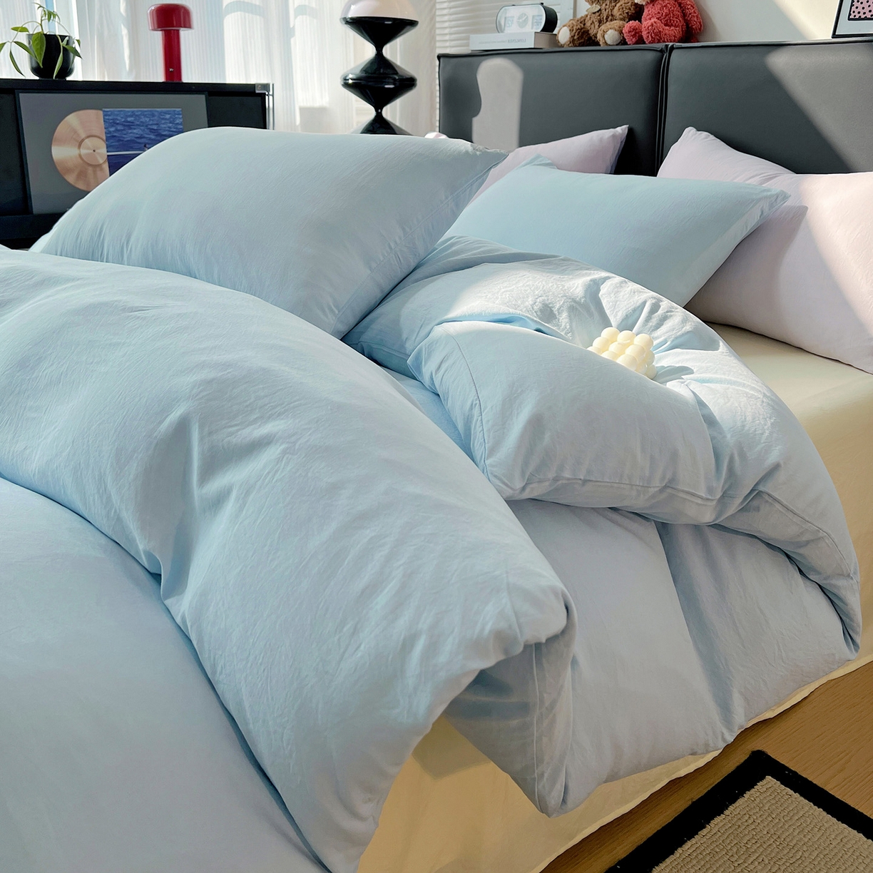 91家纺网 家纺一手货源 找家纺 凯洛奇 2025新款ins北欧风水洗棉柔软褶皱纯色被套四件套 拼色-浅蓝