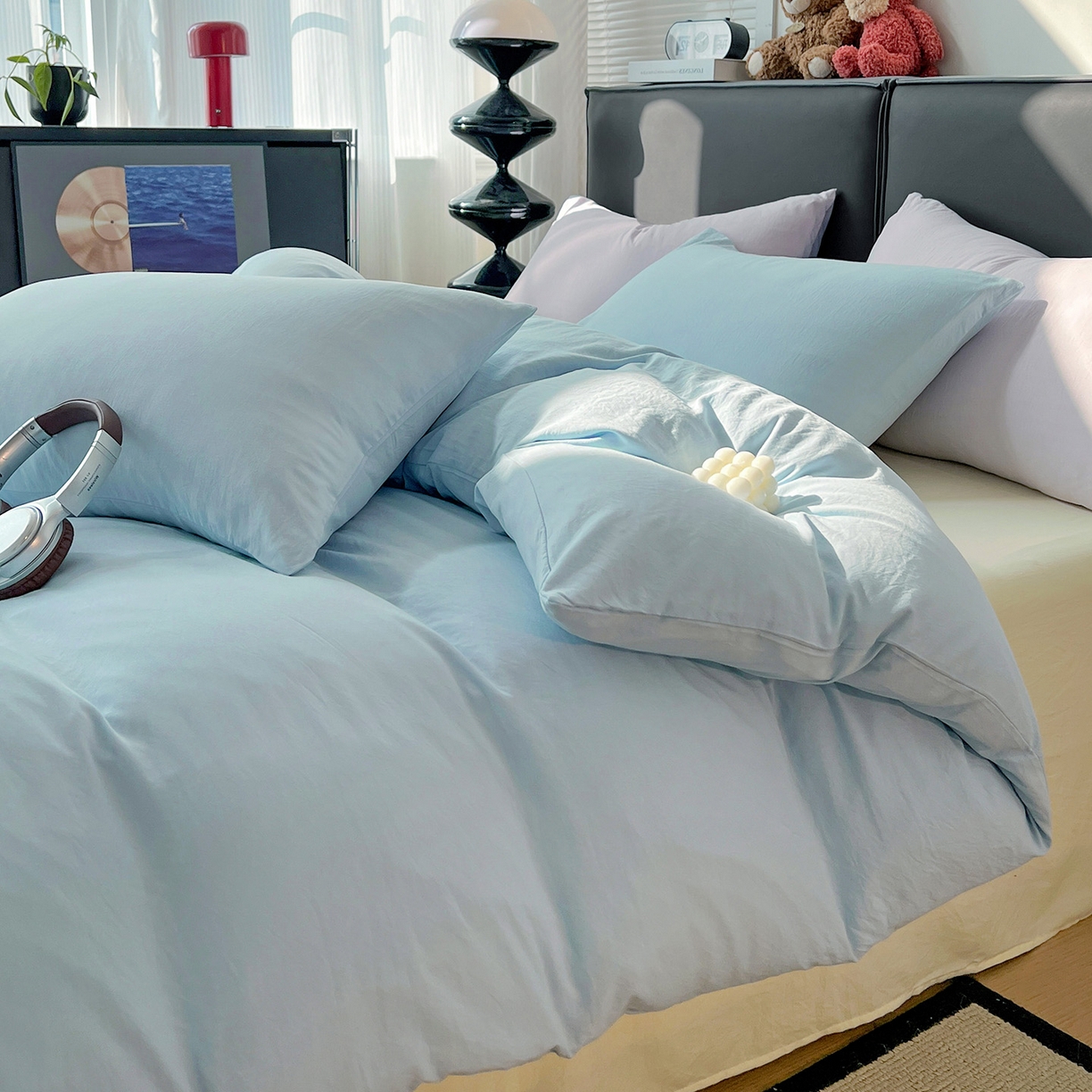 91家纺网 家纺一手货源 找家纺 凯洛奇 2025新款ins北欧风水洗棉柔软褶皱纯色被套四件套 拼色-浅蓝