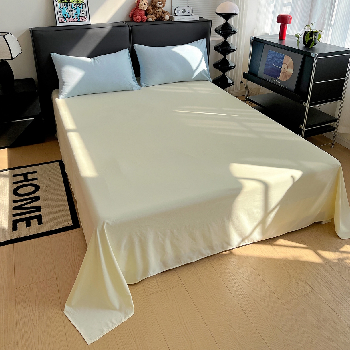 91家纺网 家纺一手货源 找家纺 凯洛奇 2025新款ins北欧风水洗棉柔软褶皱纯色被套四件套 拼色-浅蓝