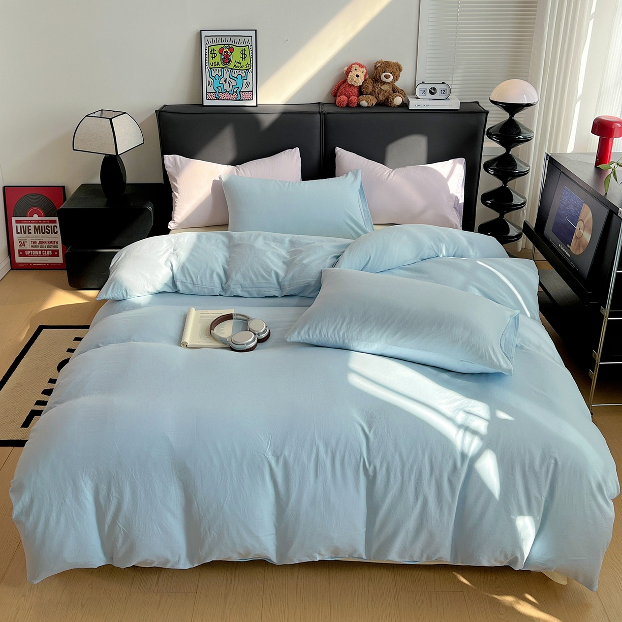 91家纺网 家纺一手货源 找家纺 凯洛奇 2025新款ins北欧风水洗棉柔软褶皱纯色被套四件套 拼色-浅蓝