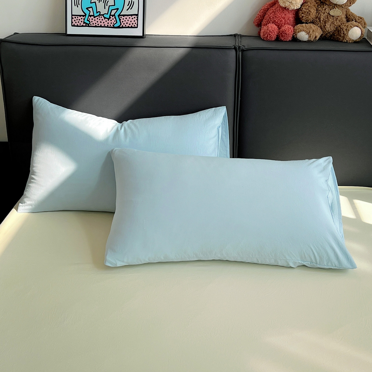 91家纺网 家纺一手货源 找家纺 凯洛奇 2025新款ins北欧风水洗棉柔软褶皱纯色被套四件套 拼色-浅蓝