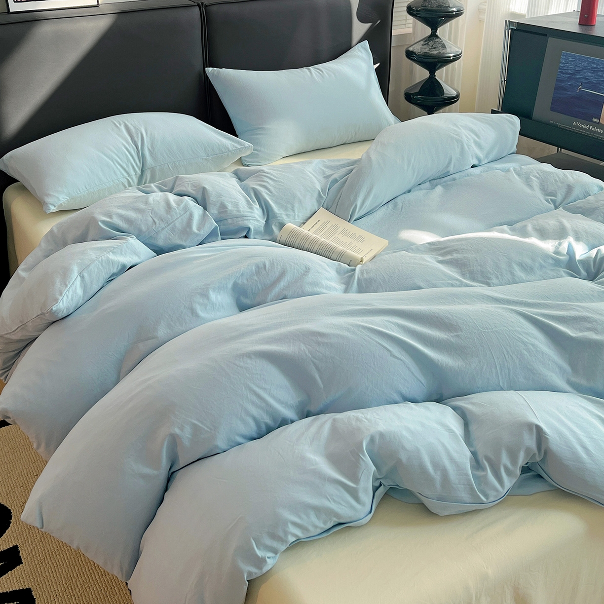 91家纺网 家纺一手货源 找家纺 凯洛奇 2025新款ins北欧风水洗棉柔软褶皱纯色被套四件套 拼色-浅蓝