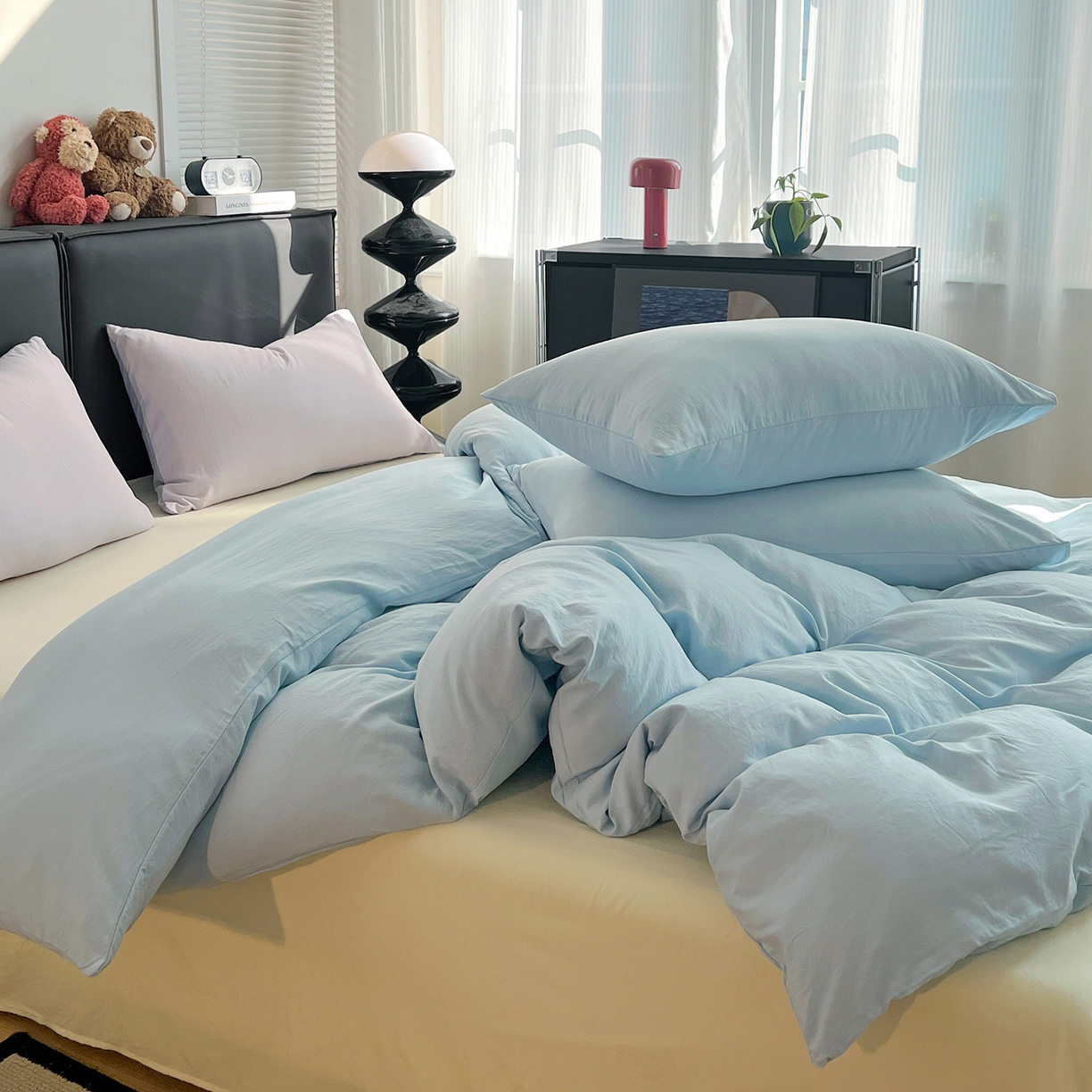 91家纺网 家纺一手货源 找家纺 凯洛奇 2025新款ins北欧风水洗棉柔软褶皱纯色被套四件套 拼色-浅蓝