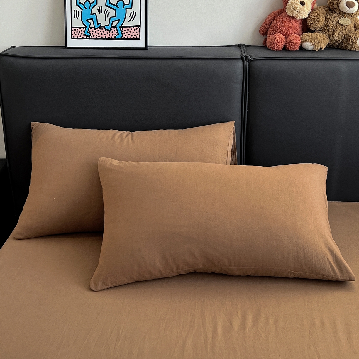 91家纺网 家纺一手货源 找家纺 凯洛奇 2025新款ins北欧风水洗棉柔软褶皱纯色被套四件套 纯色-深咖