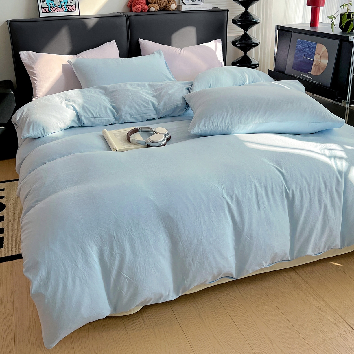 91家纺网 家纺一手货源 找家纺 凯洛奇 2025新款ins北欧风水洗棉柔软褶皱纯色被套四件套 拼色-浅蓝