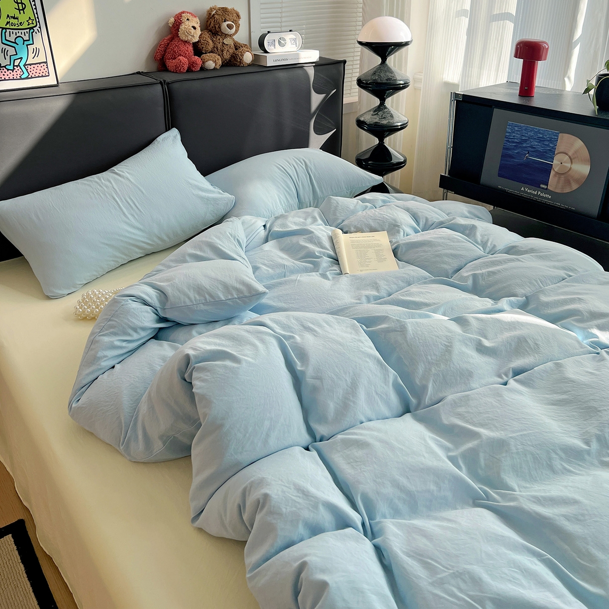 91家纺网 家纺一手货源 找家纺 凯洛奇 2025新款ins北欧风水洗棉柔软褶皱纯色被套四件套 拼色-浅蓝