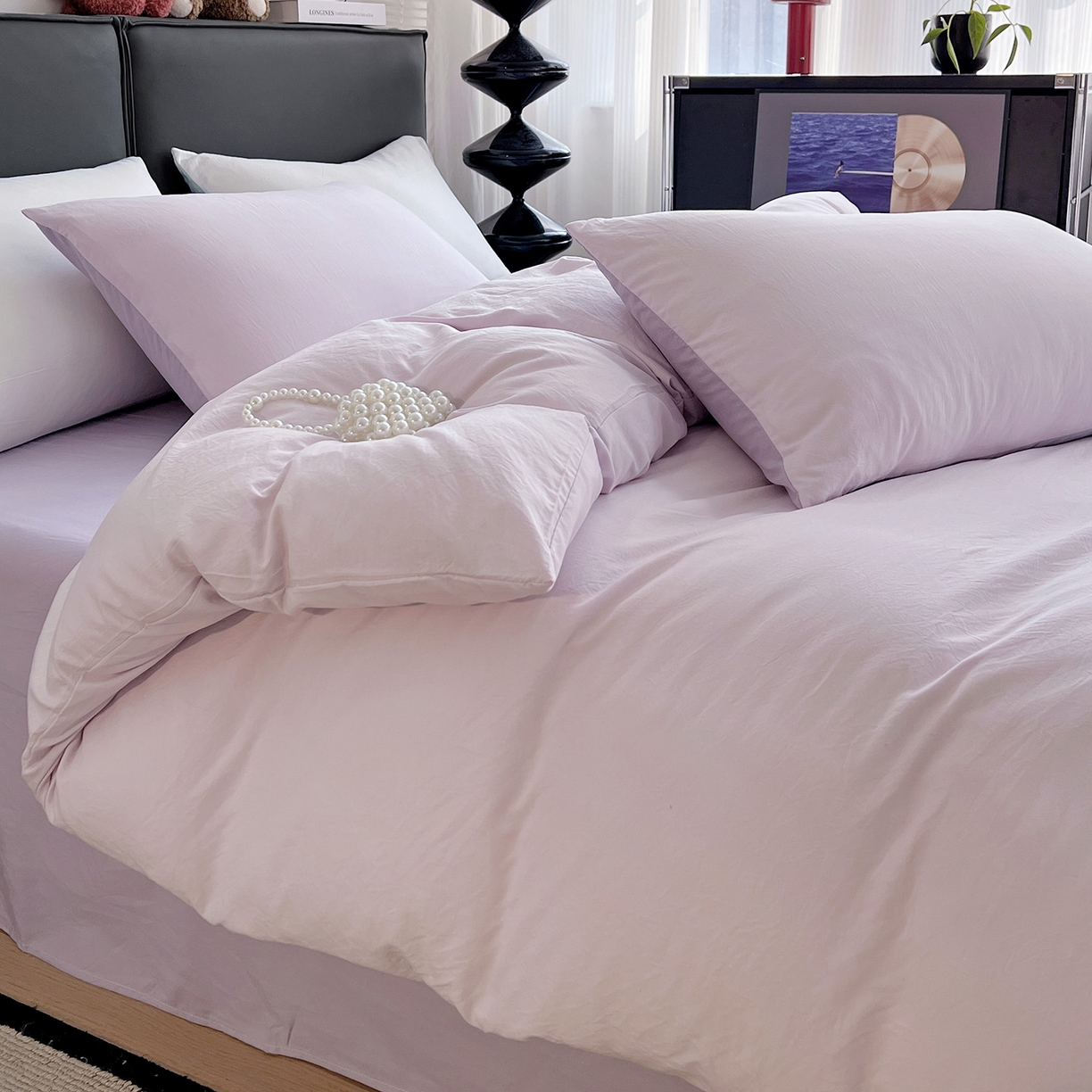 91家纺网 家纺一手货源 找家纺 凯洛奇 2025新款ins北欧风水洗棉柔软褶皱纯色被套四件套 拼色-浅紫