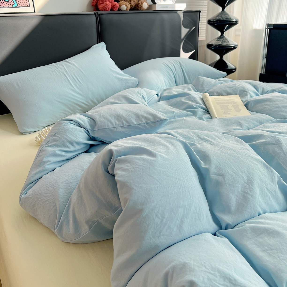 91家纺网 家纺一手货源 找家纺 凯洛奇 2025新款ins北欧风水洗棉柔软褶皱纯色被套四件套 拼色-浅蓝