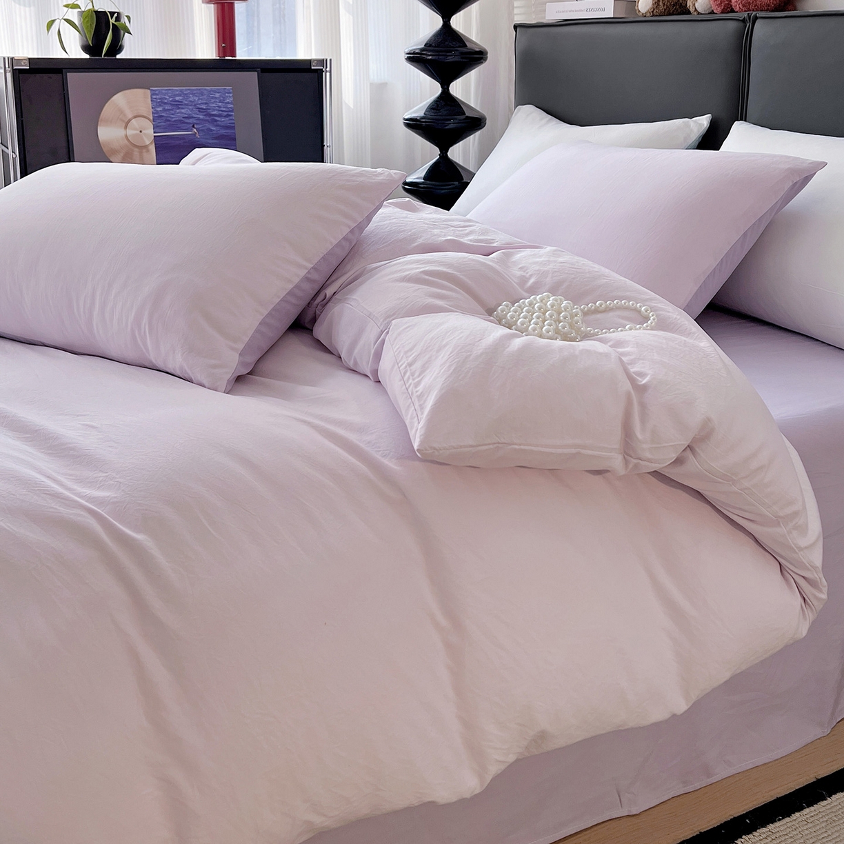 91家纺网 家纺一手货源 找家纺 凯洛奇 2025新款ins北欧风水洗棉柔软褶皱纯色被套四件套 拼色-浅紫