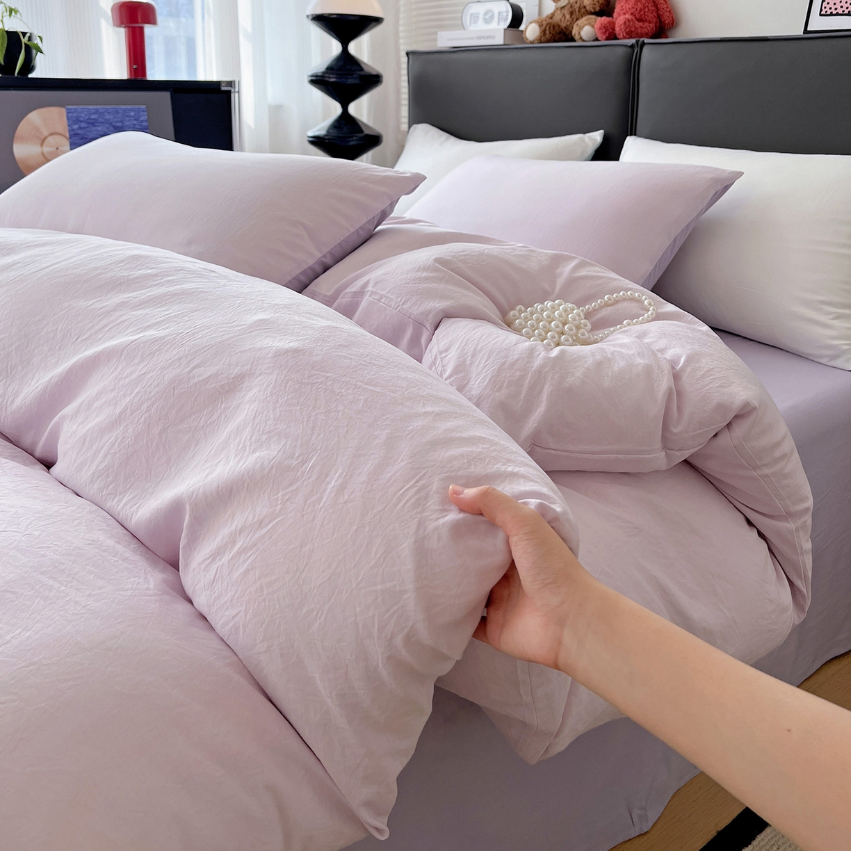91家纺网 家纺一手货源 找家纺 凯洛奇 2025新款ins北欧风水洗棉柔软褶皱纯色被套四件套 拼色-浅紫