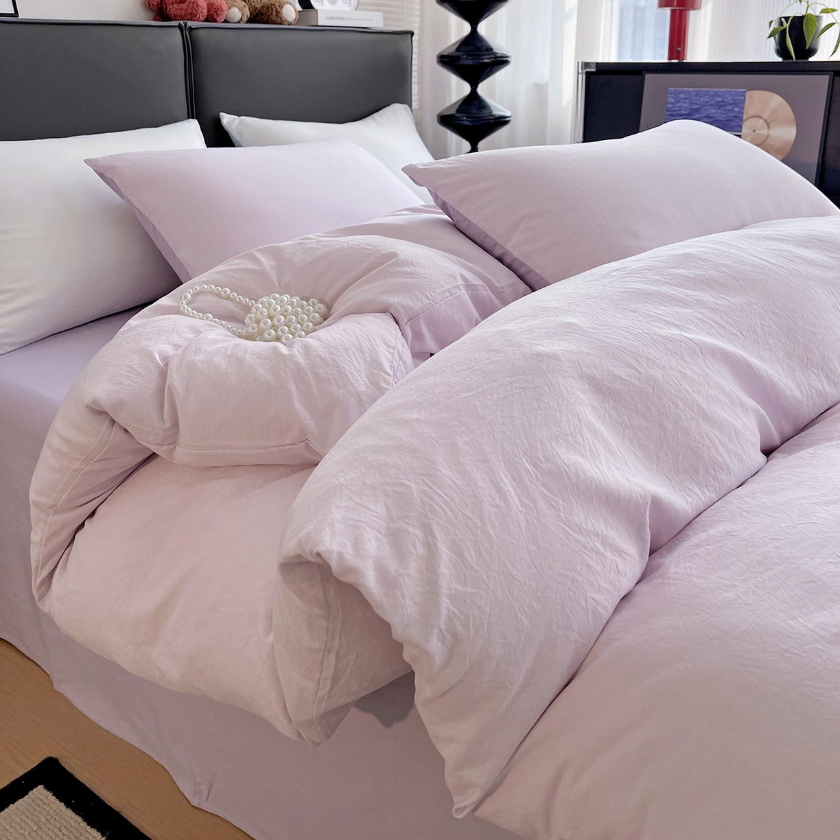 91家纺网 家纺一手货源 找家纺 凯洛奇 2025新款ins北欧风水洗棉柔软褶皱纯色被套四件套 拼色-浅紫