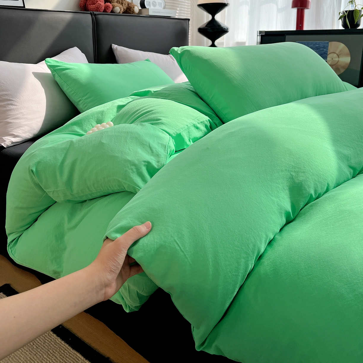 91家纺网 家纺一手货源 找家纺 （总）凯洛奇 2025新款ins北欧风水洗棉柔软褶皱纯色被套四件套