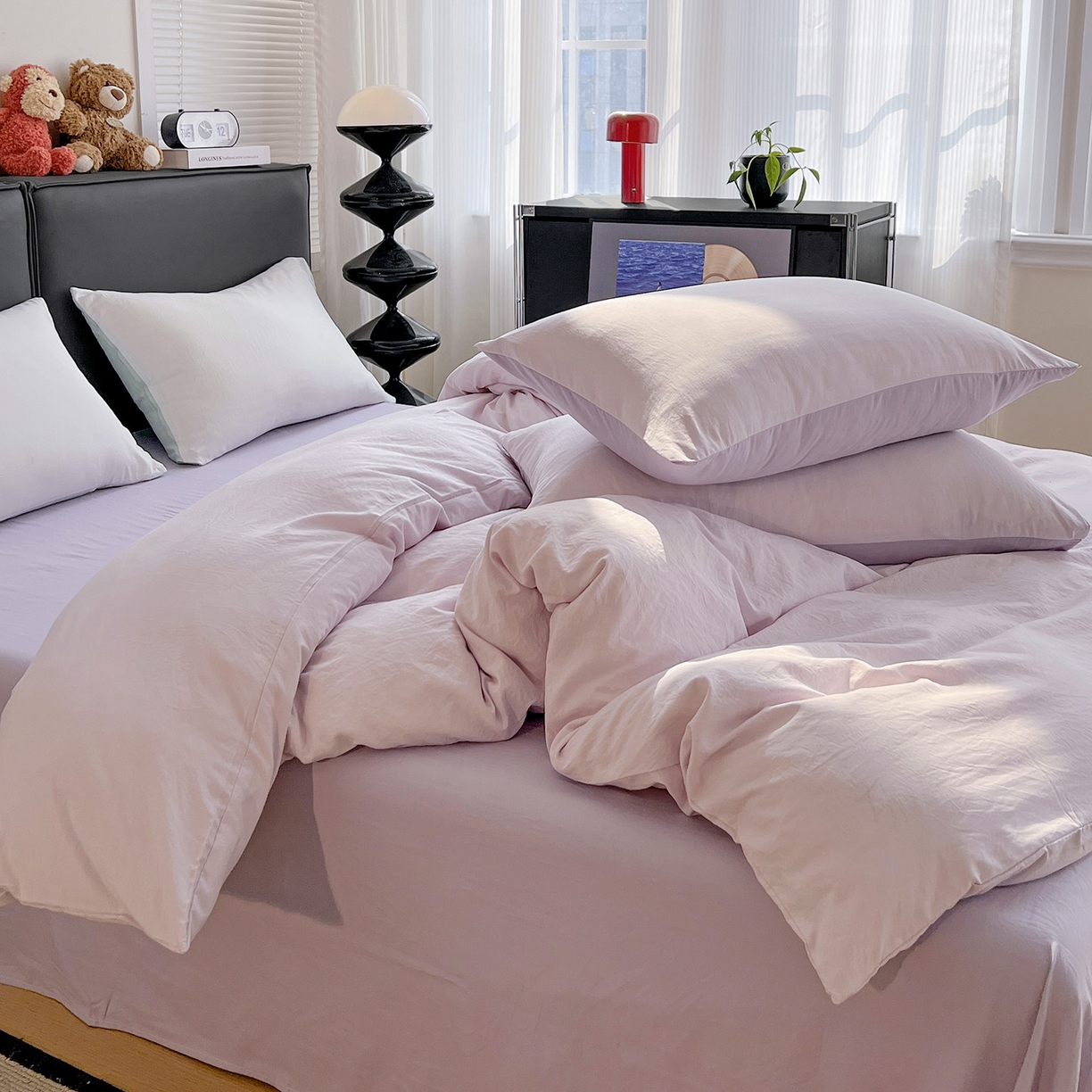 91家纺网 家纺一手货源 找家纺 凯洛奇 2025新款ins北欧风水洗棉柔软褶皱纯色被套四件套 拼色-浅紫