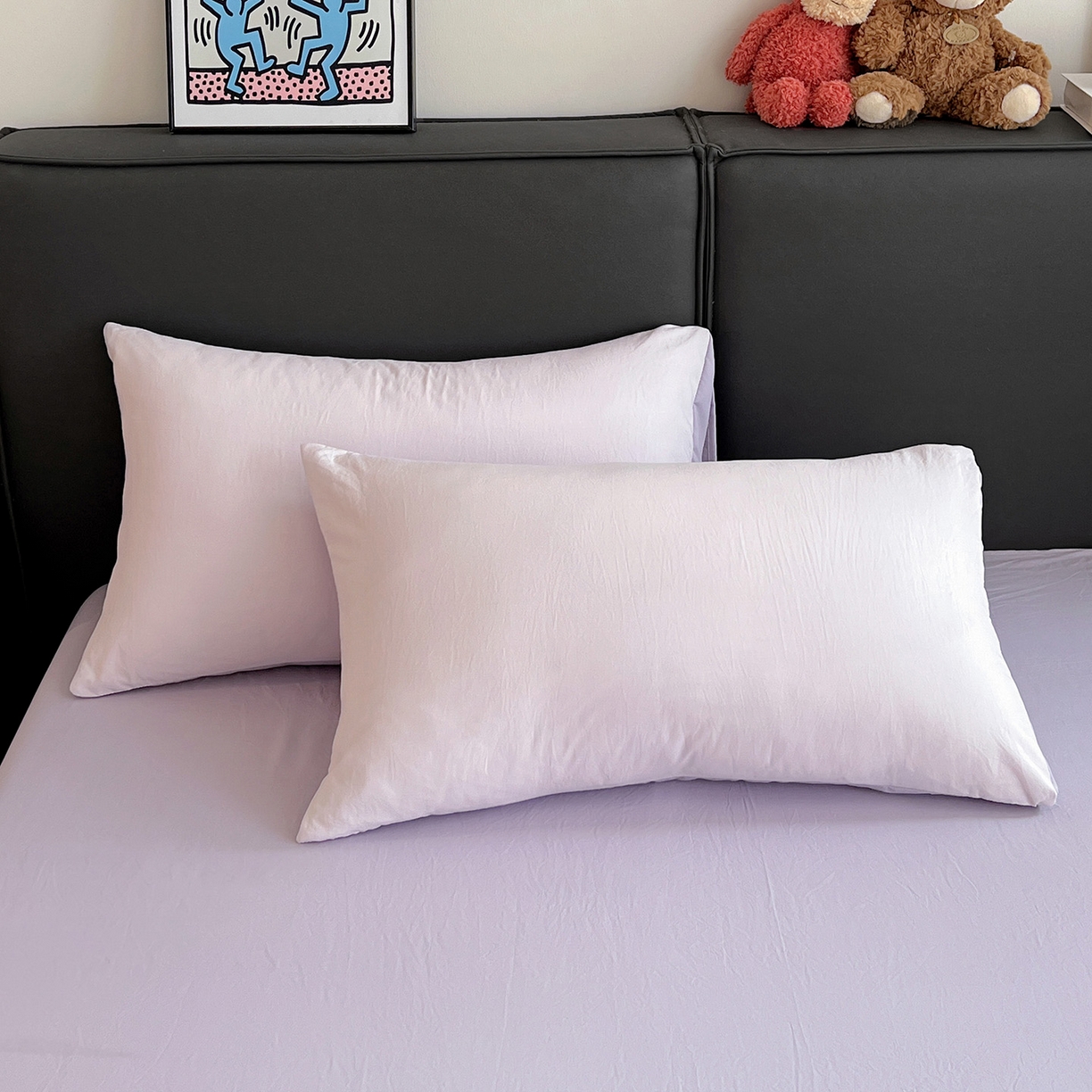 91家纺网 家纺一手货源 找家纺 凯洛奇 2025新款ins北欧风水洗棉柔软褶皱纯色被套四件套 拼色-浅紫