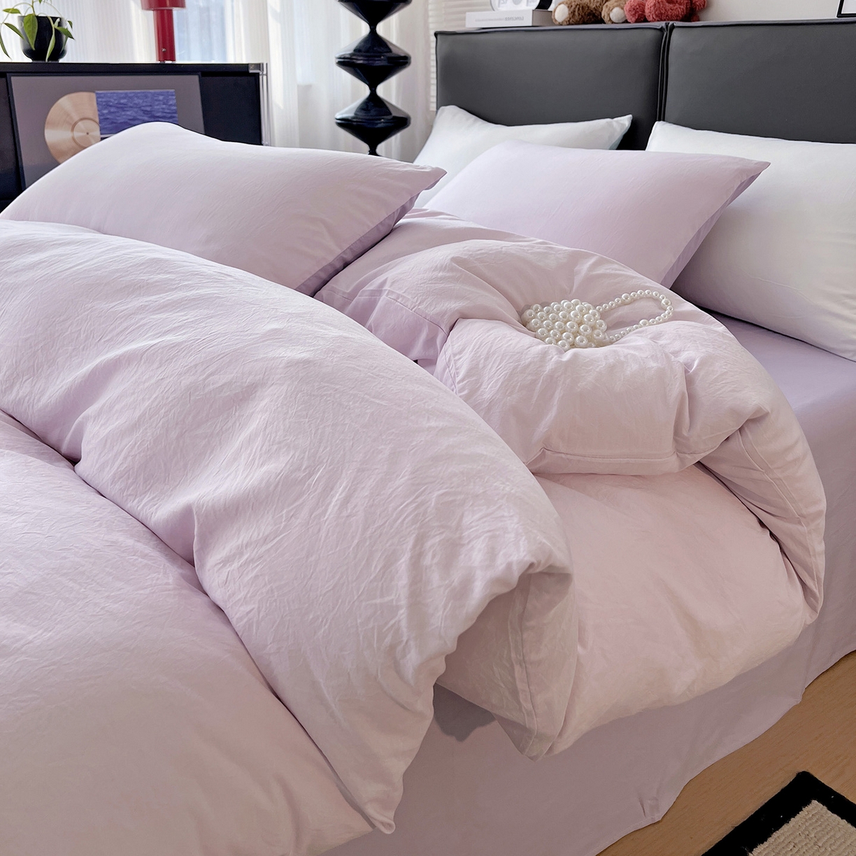 91家纺网 家纺一手货源 找家纺 凯洛奇 2025新款ins北欧风水洗棉柔软褶皱纯色被套四件套 拼色-浅紫