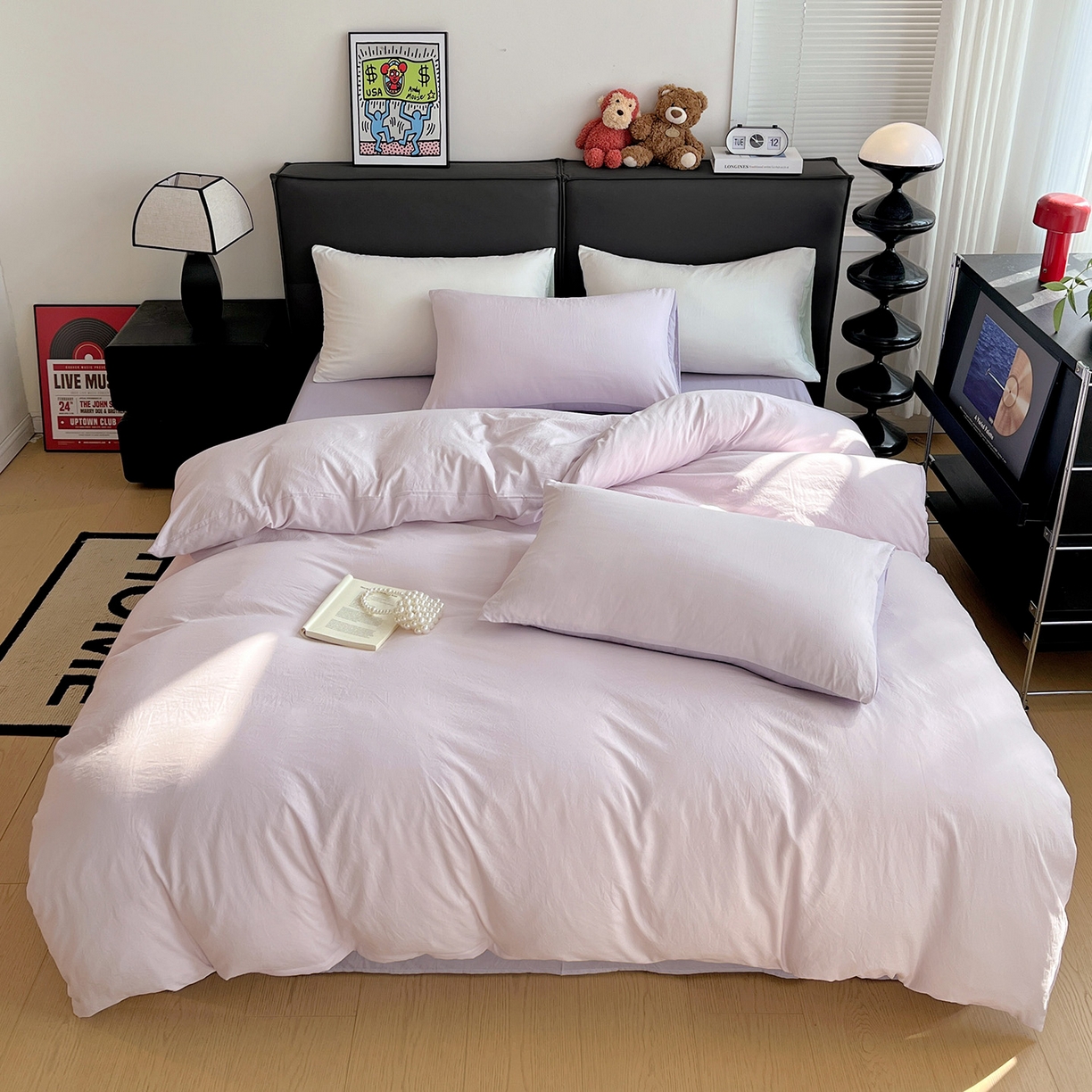 91家纺网 家纺一手货源 找家纺 凯洛奇 2025新款ins北欧风水洗棉柔软褶皱纯色被套四件套 拼色-浅紫