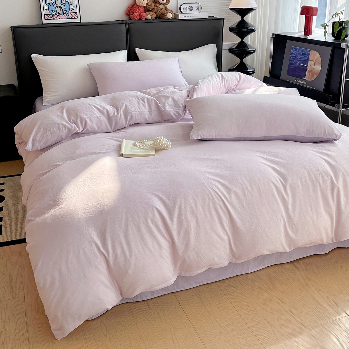 91家纺网 家纺一手货源 找家纺 凯洛奇 2025新款ins北欧风水洗棉柔软褶皱纯色被套四件套 拼色-浅紫