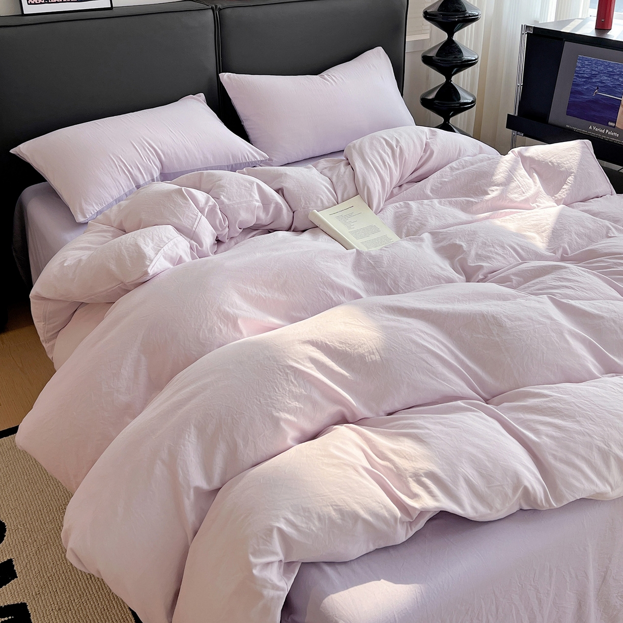 91家纺网 家纺一手货源 找家纺 凯洛奇 2025新款ins北欧风水洗棉柔软褶皱纯色被套四件套 拼色-浅紫