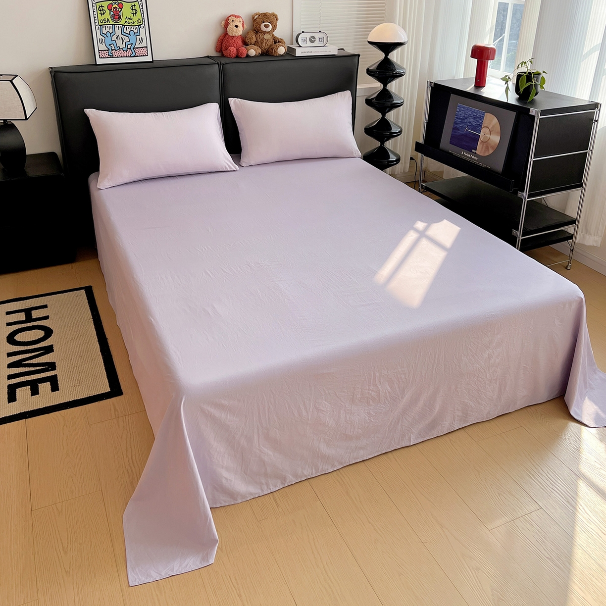 91家纺网 家纺一手货源 找家纺 凯洛奇 2025新款ins北欧风水洗棉柔软褶皱纯色被套四件套 拼色-浅紫