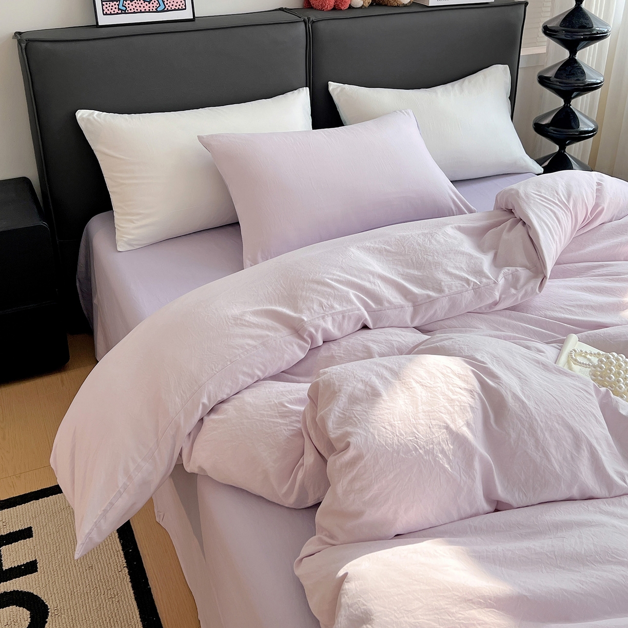 91家纺网 家纺一手货源 找家纺 凯洛奇 2025新款ins北欧风水洗棉柔软褶皱纯色被套四件套 拼色-浅紫