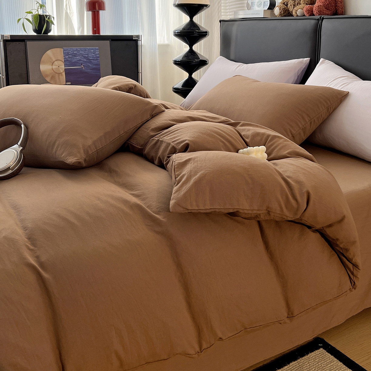 91家纺网 家纺一手货源 找家纺 凯洛奇 2025新款ins北欧风水洗棉柔软褶皱纯色被套四件套 纯色-深咖