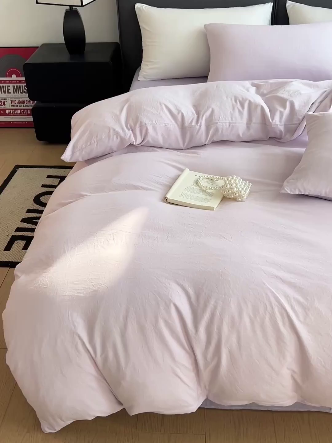 91家纺网 家纺一手货源 找家纺 凯洛奇 2025新款ins北欧风水洗棉柔软褶皱纯色被套四件套 拼色-浅紫