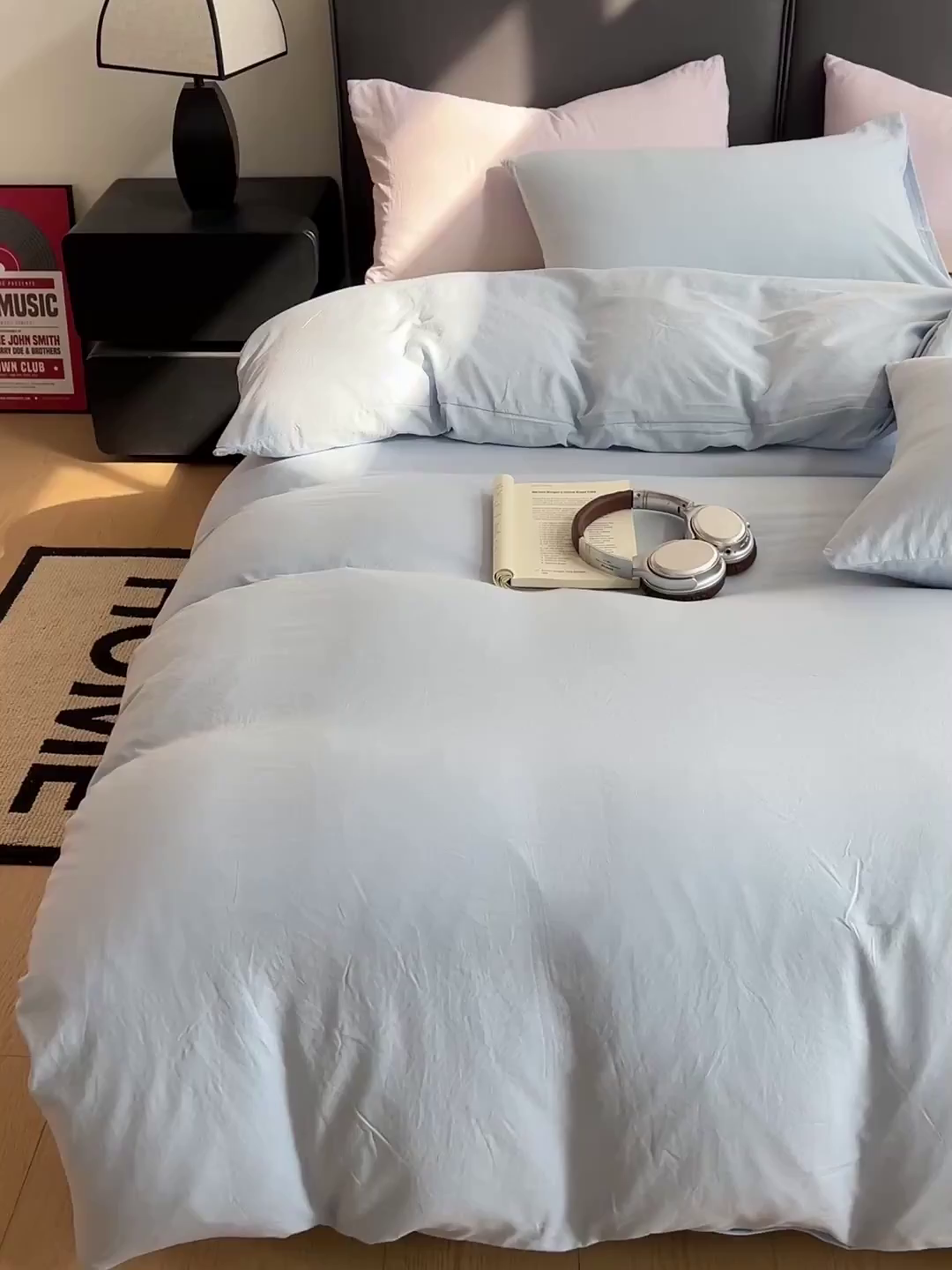 91家纺网 家纺一手货源 找家纺 凯洛奇 2025新款ins北欧风水洗棉柔软褶皱纯色被套四件套 拼色-浅蓝