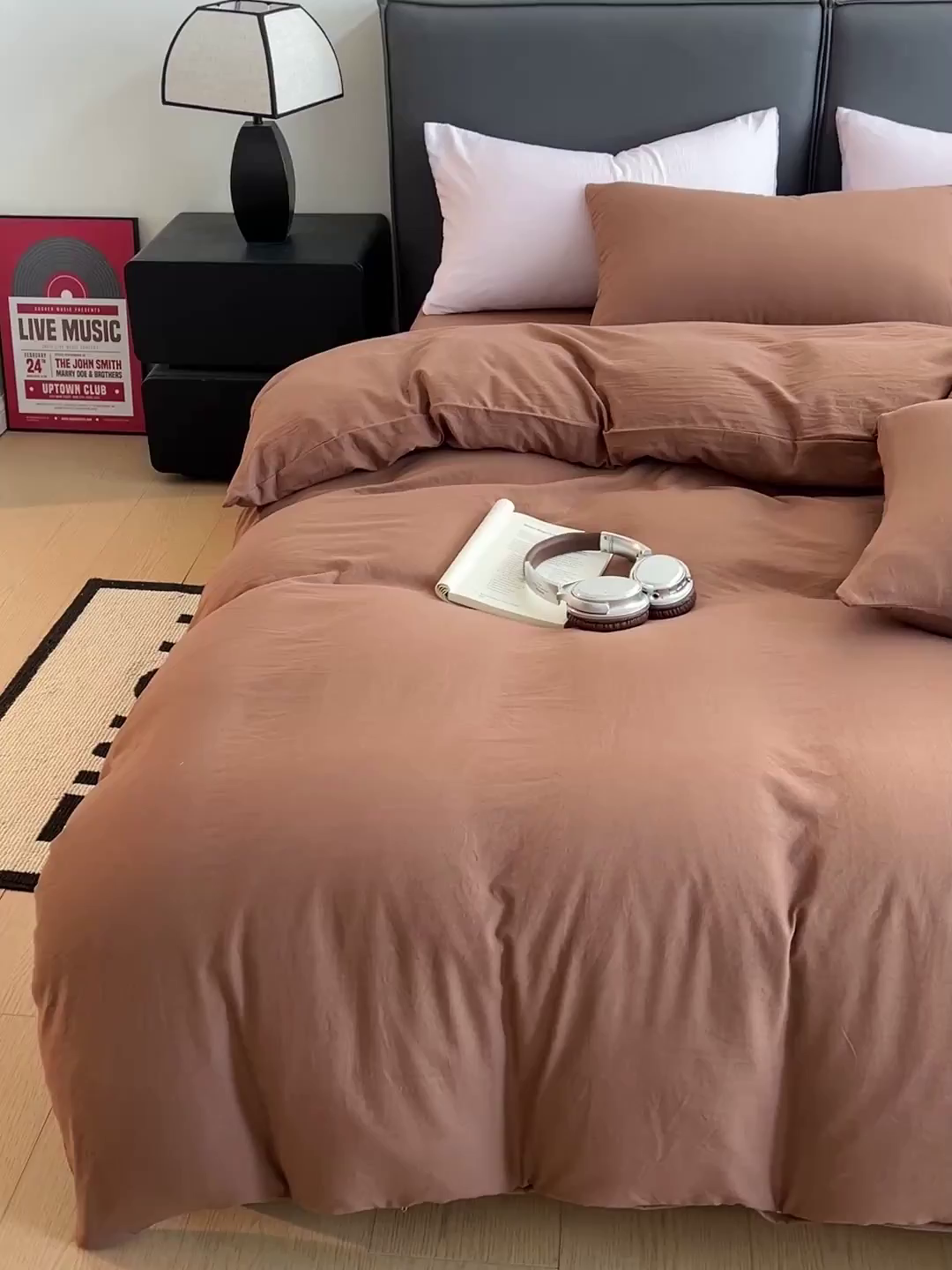 91家纺网 家纺一手货源 找家纺 凯洛奇 2025新款ins北欧风水洗棉柔软褶皱纯色被套四件套 纯色-深咖