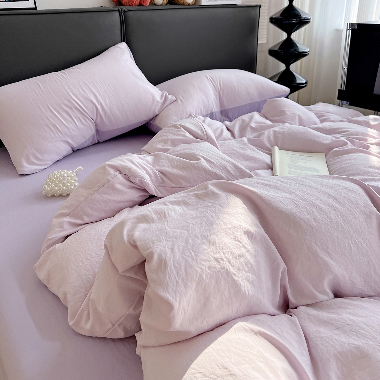 91家纺网 家纺一手货源 找家纺 凯洛奇 2025新款ins北欧风水洗棉柔软褶皱纯色被套四件套 拼色-浅紫