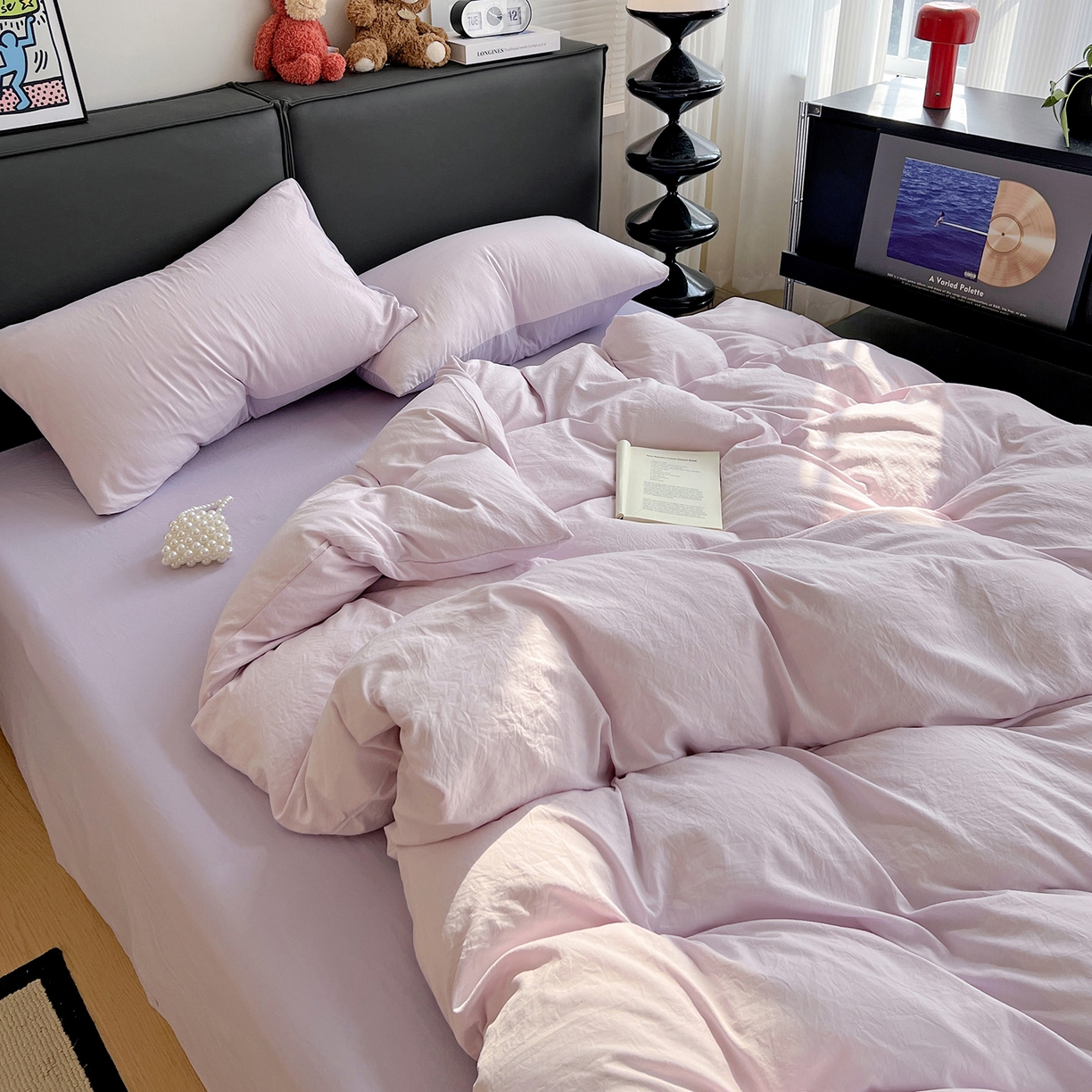 91家纺网 家纺一手货源 找家纺 凯洛奇 2025新款ins北欧风水洗棉柔软褶皱纯色被套四件套 拼色-浅紫