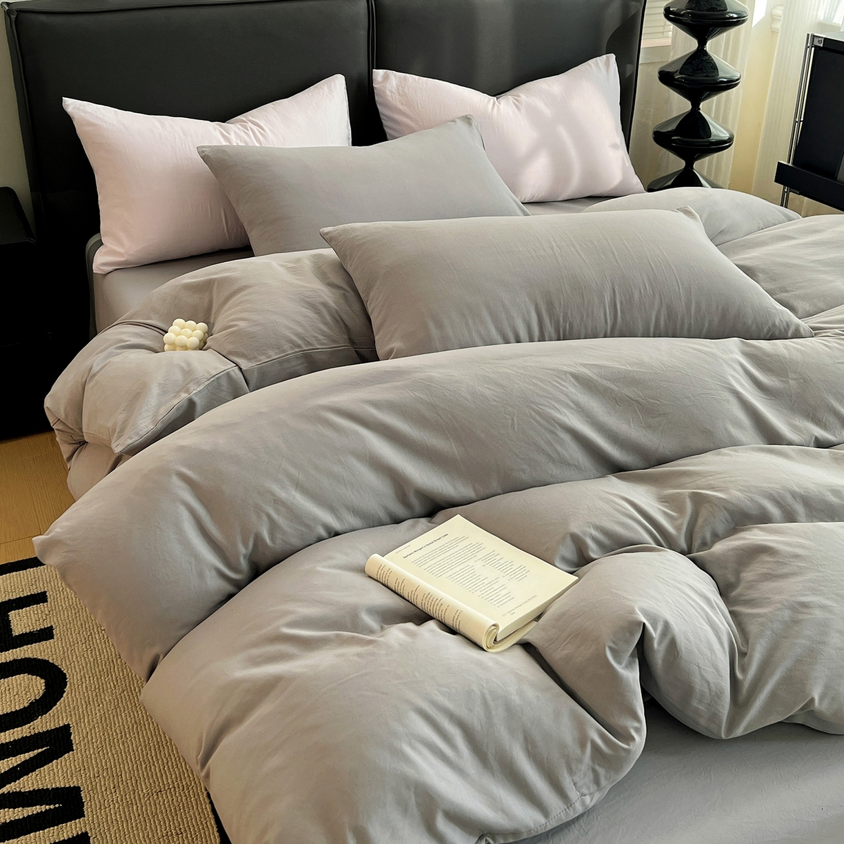 91家纺网 家纺一手货源 找家纺 凯洛奇 2025新款ins北欧风水洗棉柔软褶皱纯色被套四件套 纯色-浅灰