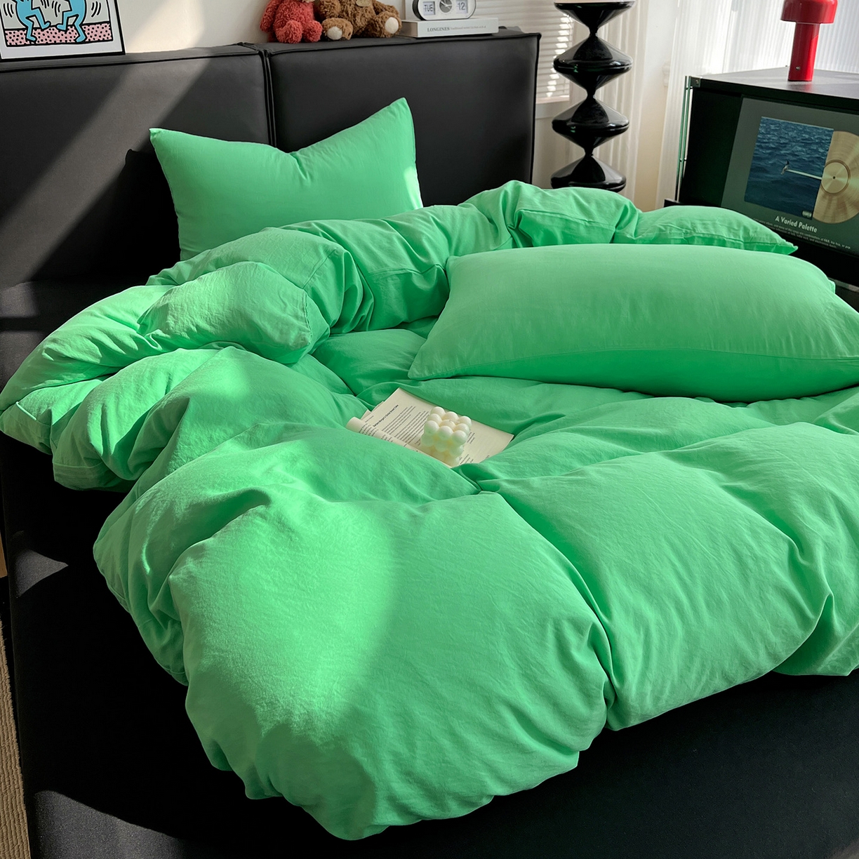 91家纺网 家纺一手货源 找家纺 凯洛奇 2025新款ins北欧风水洗棉柔软褶皱纯色被套四件套 拼色-翠绿