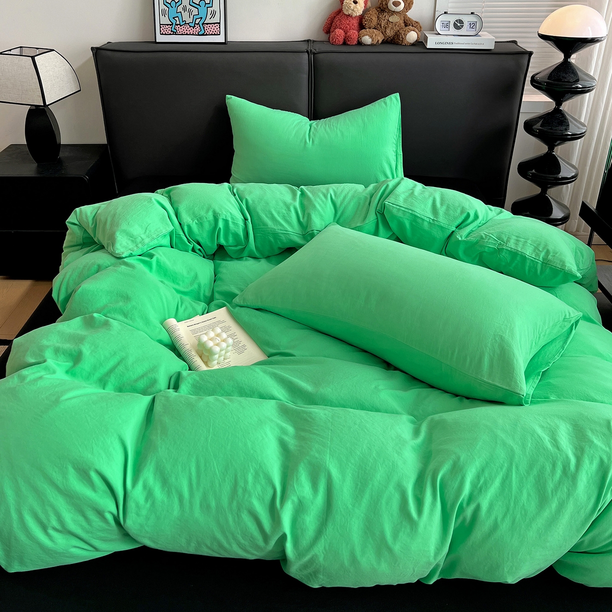 91家纺网 家纺一手货源 找家纺 凯洛奇 2025新款ins北欧风水洗棉柔软褶皱纯色被套四件套 拼色-翠绿