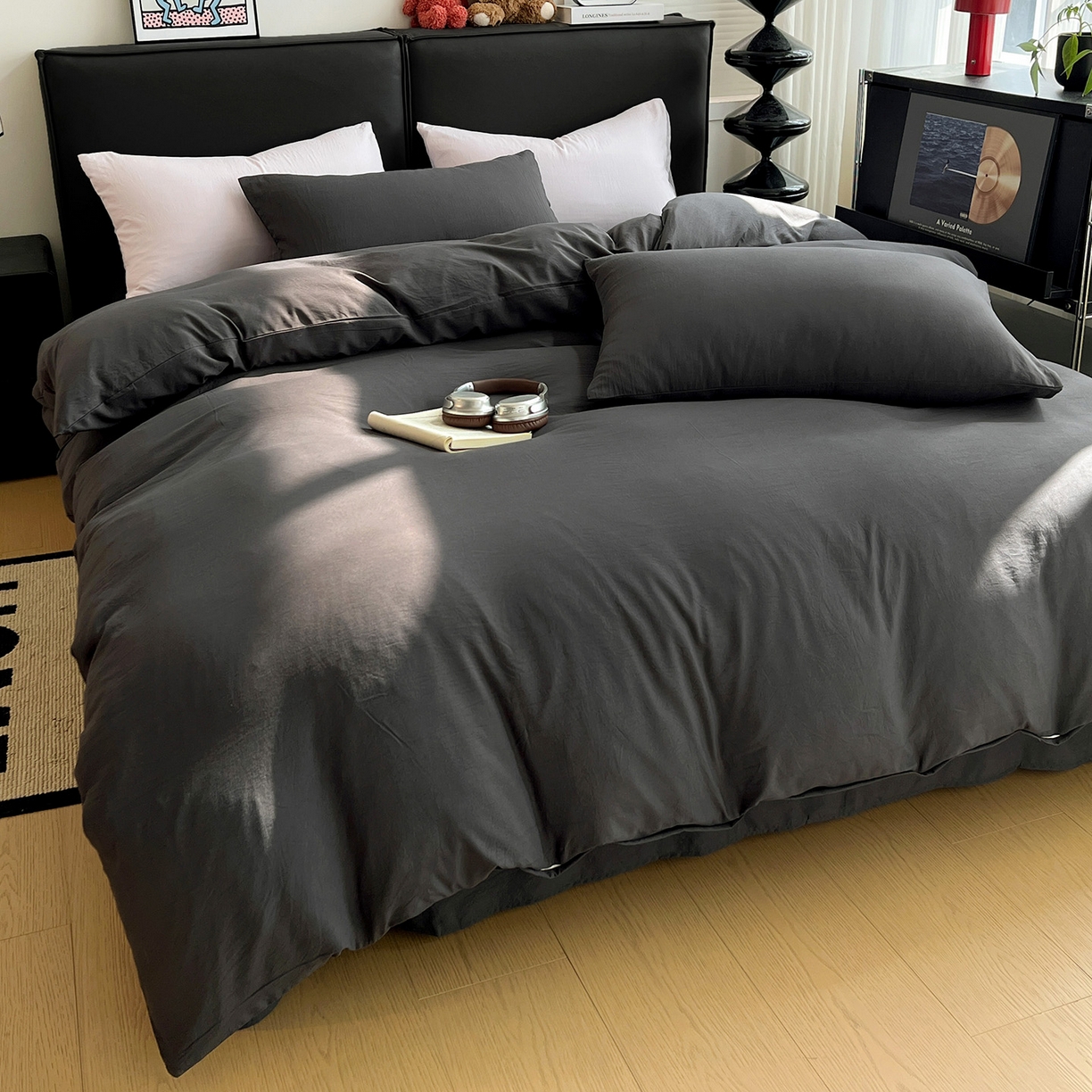 91家纺网 家纺一手货源 找家纺 凯洛奇 2025新款ins北欧风水洗棉柔软褶皱纯色被套四件套 纯色-深灰