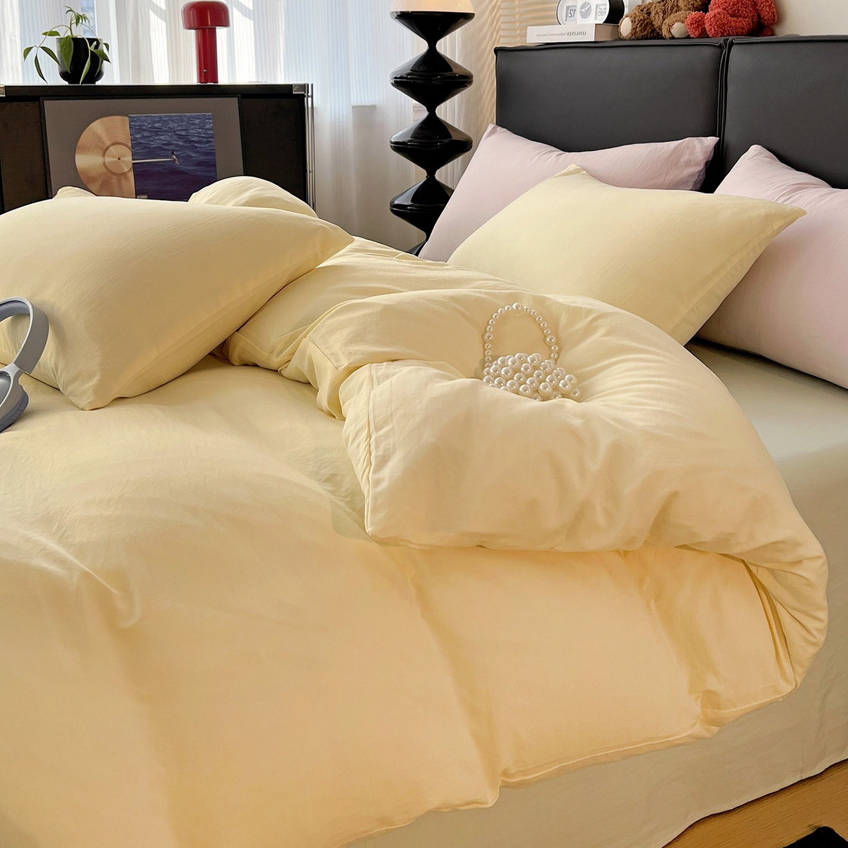 91家纺网 家纺一手货源 找家纺 凯洛奇 2025新款ins北欧风水洗棉柔软褶皱纯色被套四件套 拼色-米黄