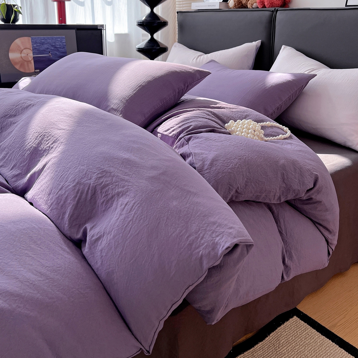 91家纺网 家纺一手货源 找家纺 凯洛奇 2025新款ins北欧风水洗棉柔软褶皱纯色被套四件套 拼色-深紫