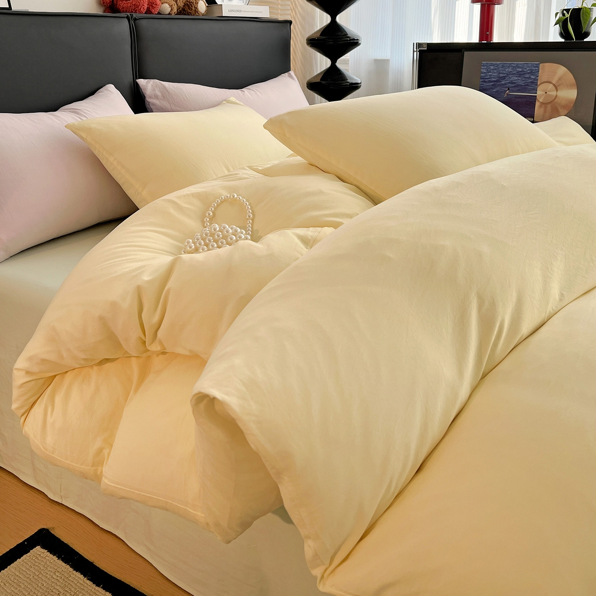 91家纺网 家纺一手货源 找家纺 凯洛奇 2025新款ins北欧风水洗棉柔软褶皱纯色被套四件套 拼色-米黄