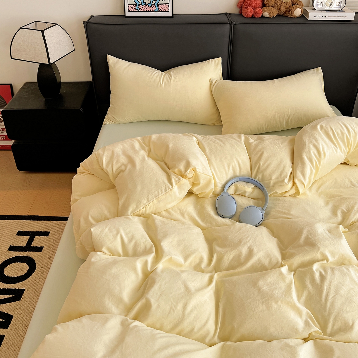 91家纺网 家纺一手货源 找家纺 凯洛奇 2025新款ins北欧风水洗棉柔软褶皱纯色被套四件套 拼色-米黄