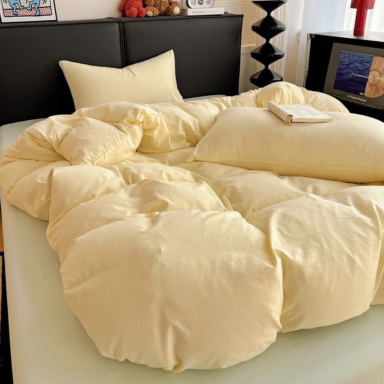 91家纺网 家纺一手货源 找家纺 凯洛奇 2025新款ins北欧风水洗棉柔软褶皱纯色被套四件套 拼色-米黄