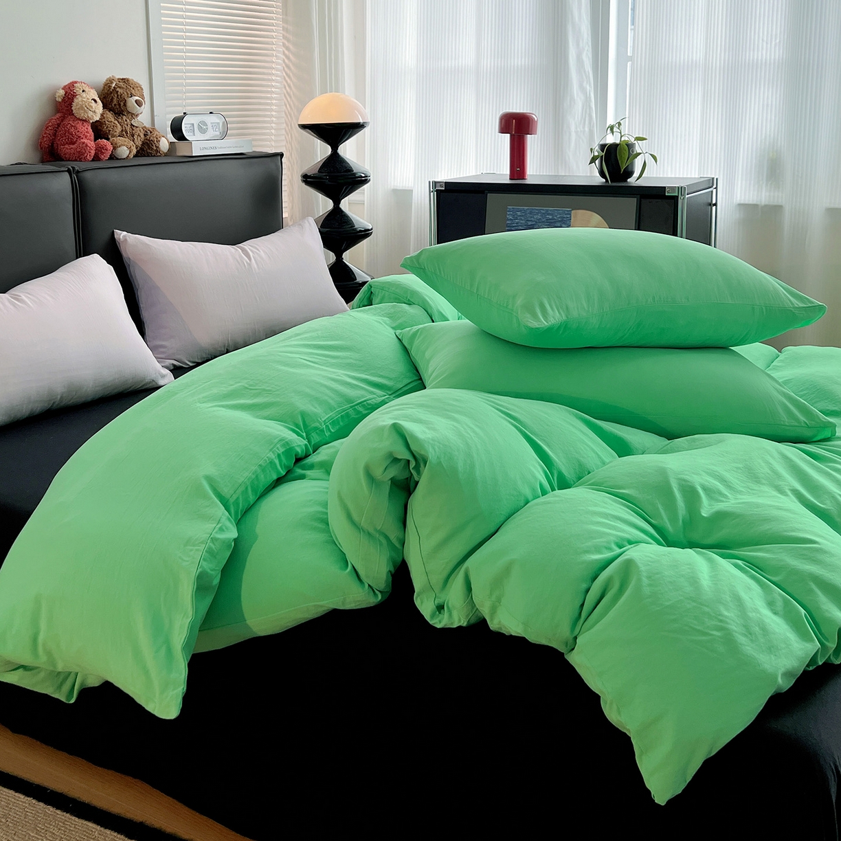 91家纺网 家纺一手货源 找家纺 凯洛奇 2025新款ins北欧风水洗棉柔软褶皱纯色被套四件套 拼色-翠绿