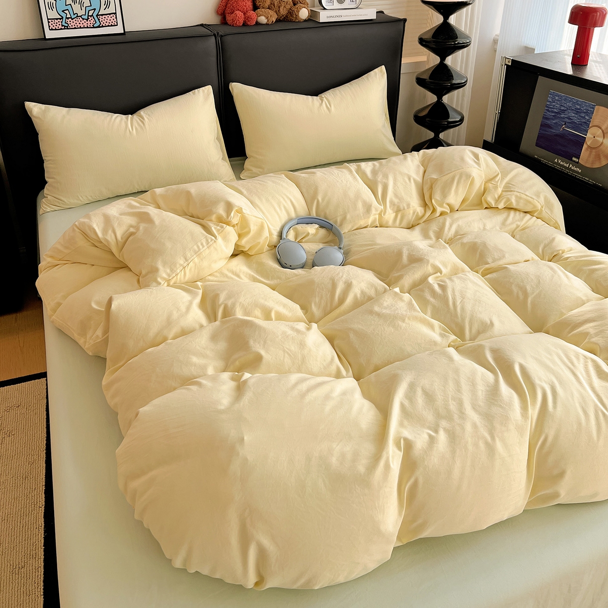 91家纺网 家纺一手货源 找家纺 凯洛奇 2025新款ins北欧风水洗棉柔软褶皱纯色被套四件套 拼色-米黄