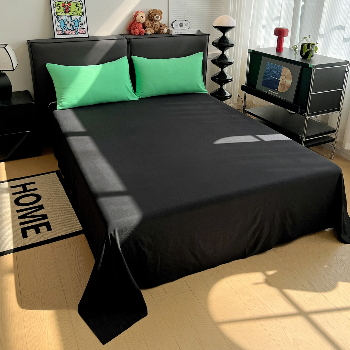 91家纺网 家纺一手货源 找家纺 凯洛奇 2025新款ins北欧风水洗棉柔软褶皱纯色被套四件套 拼色-翠绿