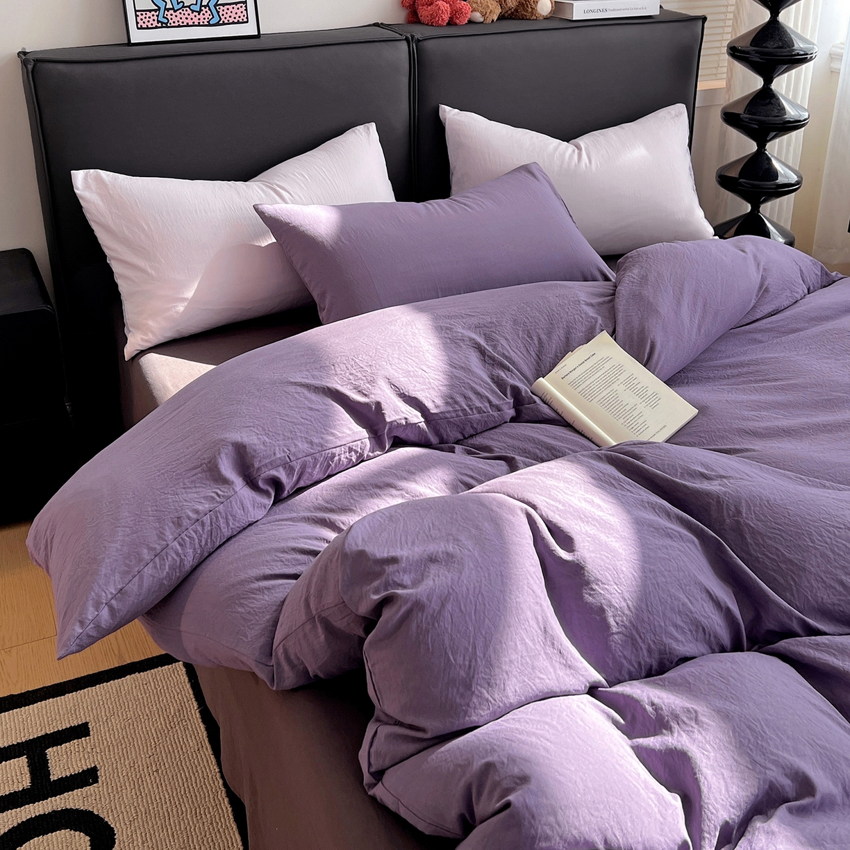 91家纺网 家纺一手货源 找家纺 凯洛奇 2025新款ins北欧风水洗棉柔软褶皱纯色被套四件套 拼色-深紫