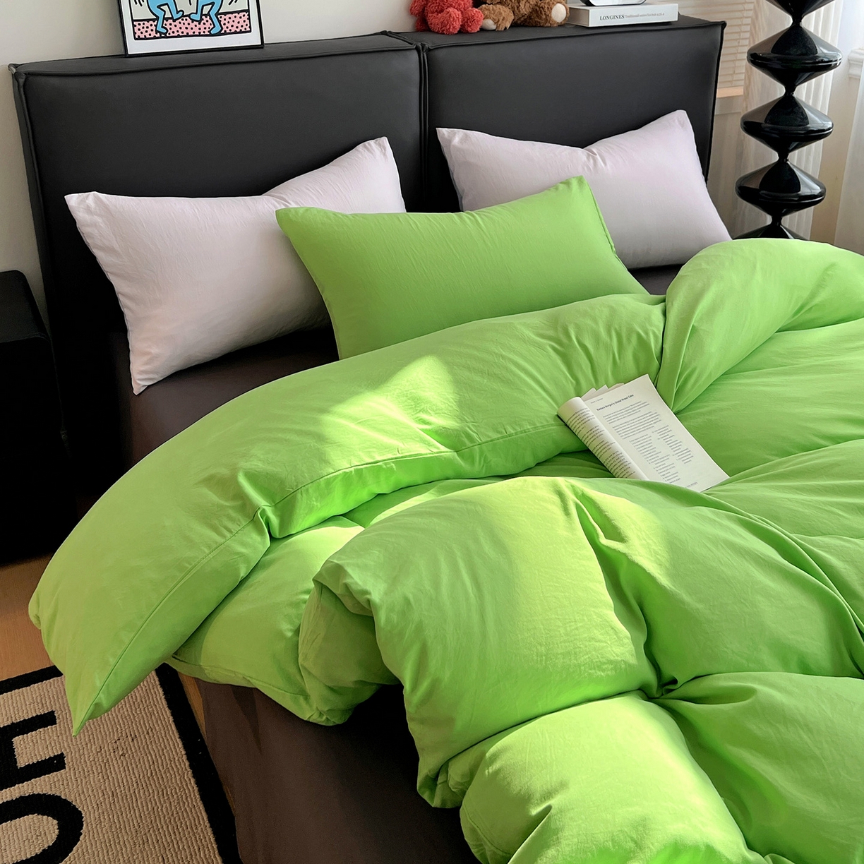 91家纺网 家纺一手货源 找家纺 凯洛奇 2025新款ins北欧风水洗棉柔软褶皱纯色被套四件套 拼色-黄绿