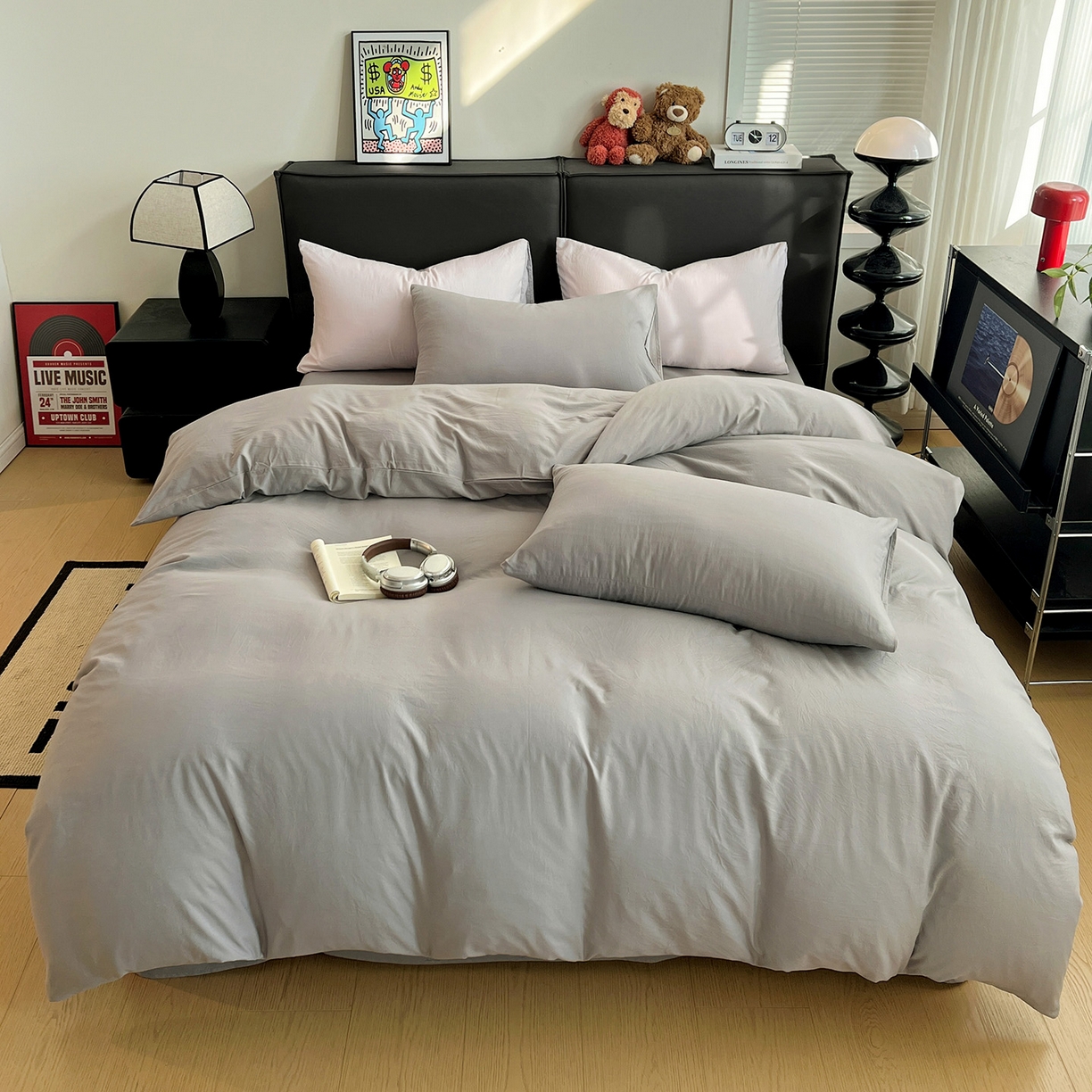 91家纺网 家纺一手货源 找家纺 凯洛奇 2025新款ins北欧风水洗棉柔软褶皱纯色被套四件套 纯色-浅灰