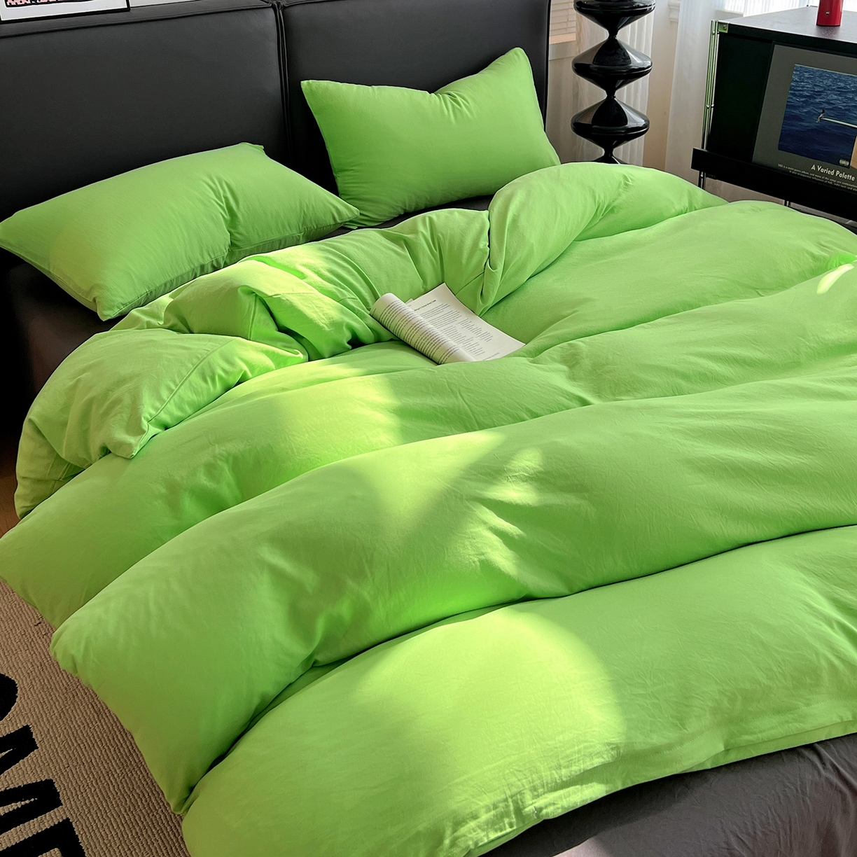 91家纺网 家纺一手货源 找家纺 凯洛奇 2025新款ins北欧风水洗棉柔软褶皱纯色被套四件套 拼色-黄绿