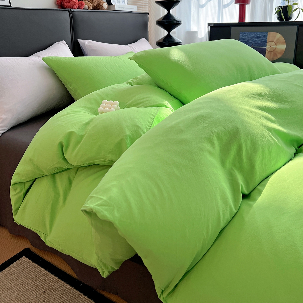 91家纺网 家纺一手货源 找家纺 凯洛奇 2025新款ins北欧风水洗棉柔软褶皱纯色被套四件套 拼色-黄绿